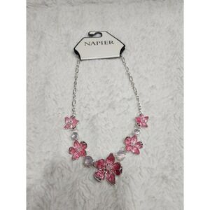 NWT Napier Silver‎ Tone Floral Statement Necklace Pink Enamel Crystal Flower
